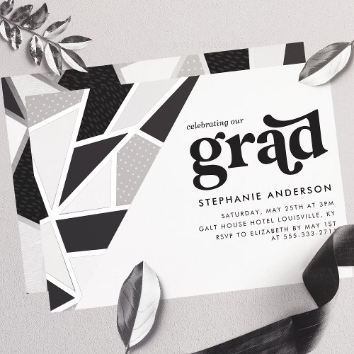 Black Geometric Silver Modern Graduation Party Foil Invitation