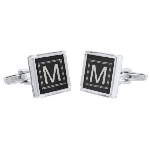 Black Geometric Silver Monogram Cufflinks