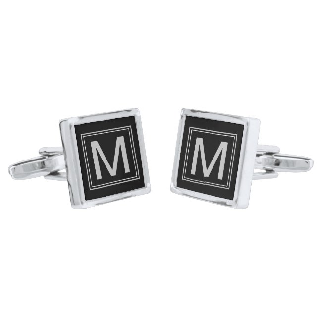 Black Geometric Silver Monogram Cufflinks (Angled)