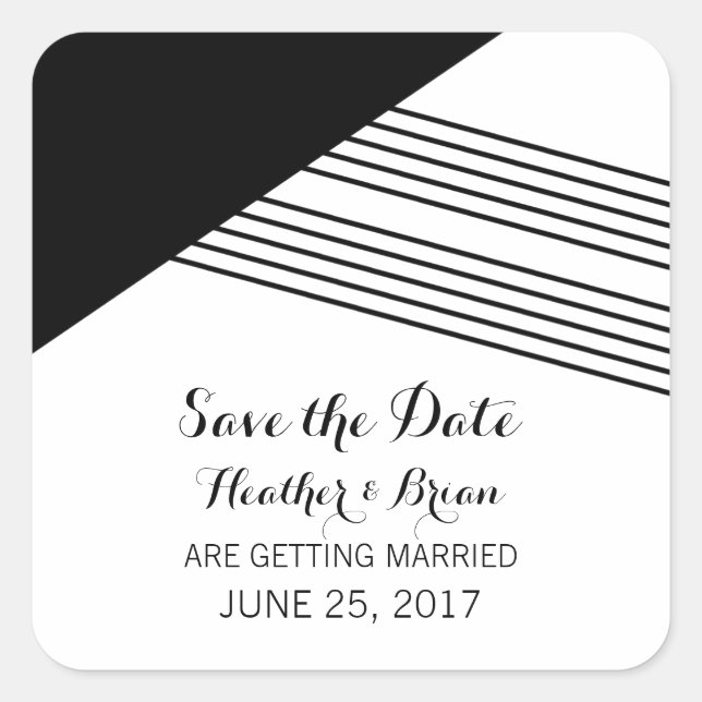 Black Geometric Stripe Save the Date Stickers (Front)