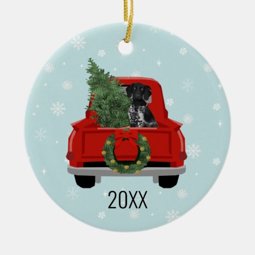 Black German Pointer Christmas Red Truck Ceramic Ornament