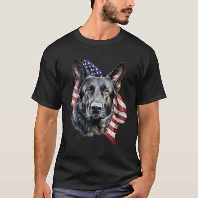 Black German Shepherd 4th Of July Dog  American Fl T-Shirt (Front)
