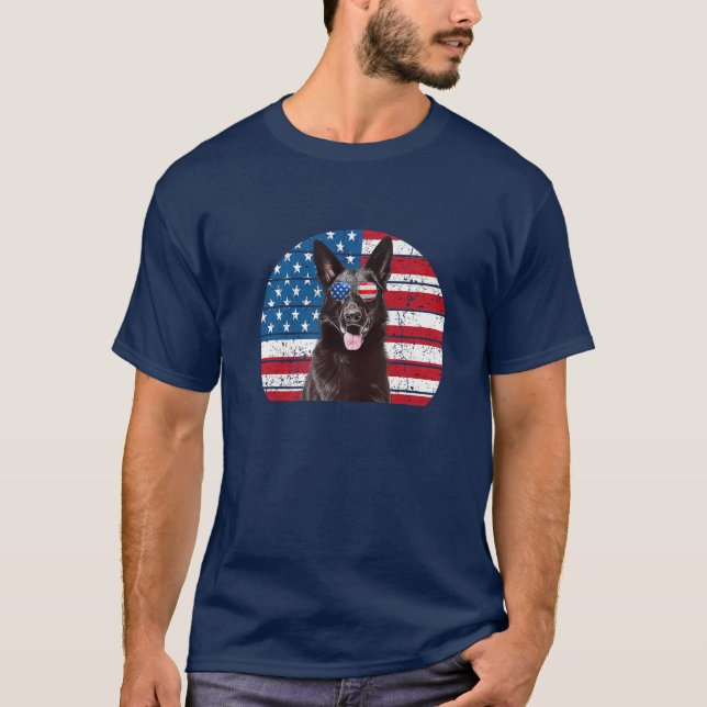 Black German Shepherd American Flag 4Th July GSD D T-Shirt (Front)