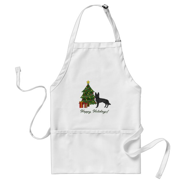 Black German Shepherd And Festive Christmas Tree Adult Apron (Front)