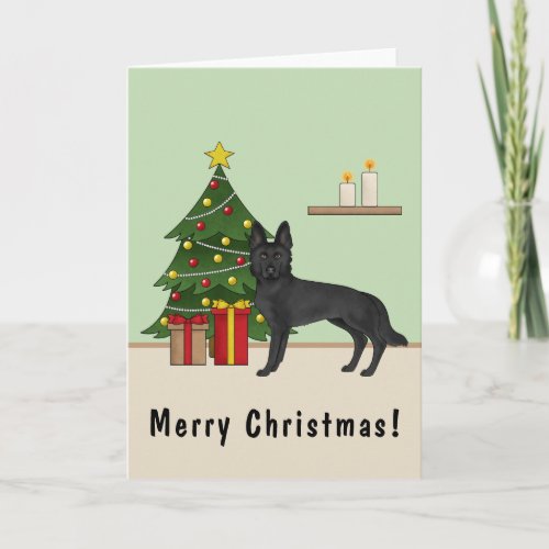 Black German Shepherd And Festive Christmas Tree Card