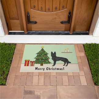 Black German Shepherd And Festive Christmas Tree Doormat