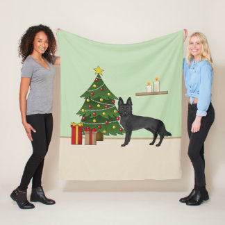 Black German Shepherd And Festive Christmas Tree Fleece Blanket