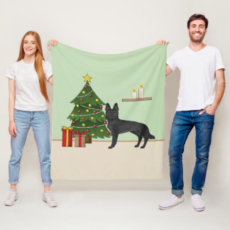 Black German Shepherd And Festive Christmas Tree Fleece Blanket