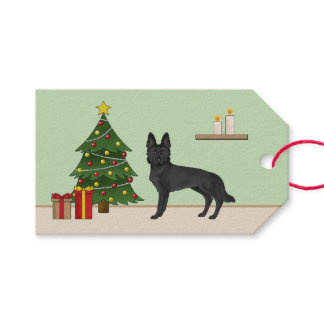 Black German Shepherd And Festive Christmas Tree Gift Tags