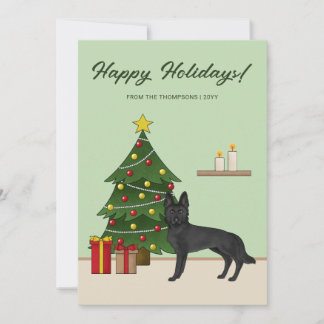 Black German Shepherd And Festive Christmas Tree Holiday Card