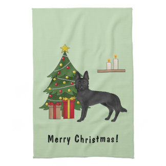 Black German Shepherd And Festive Christmas Tree Kitchen Towel