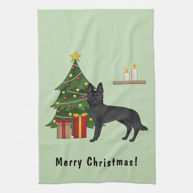 Black German Shepherd And Festive Christmas Tree Kitchen Towel (Vertical)