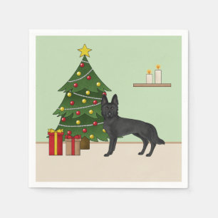 Black German Shepherd And Festive Christmas Tree Napkins