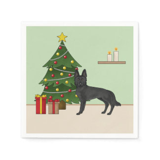 Black German Shepherd And Festive Christmas Tree Napkins