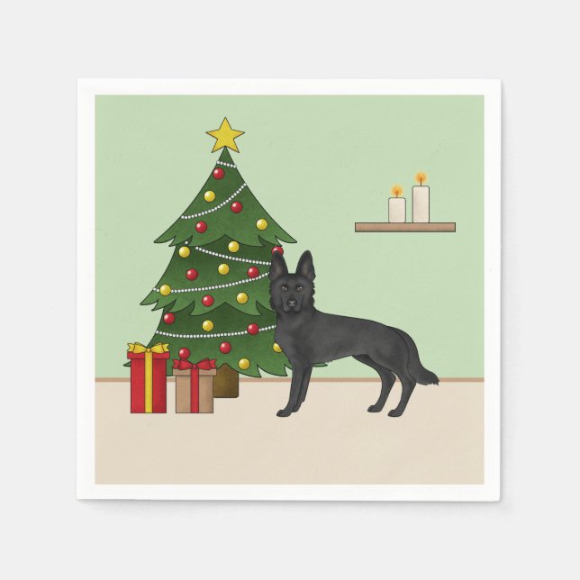 Black German Shepherd And Festive Christmas Tree Napkins (Front)