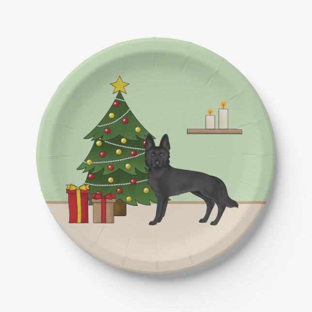 Black German Shepherd And Festive Christmas Tree Paper Plates (Front)
