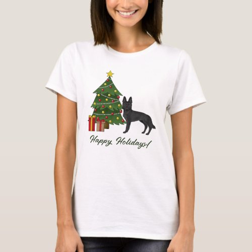 Black German Shepherd And Festive Christmas Tree T_Shirt