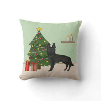 Black German Shepherd And Festive Christmas Tree Throw Pillow