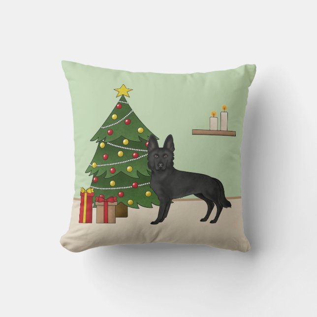 Black German Shepherd And Festive Christmas Tree Throw Pillow (Front)
