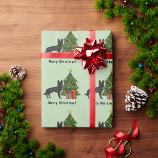 Black German Shepherd And Festive Christmas Tree Wrapping Paper