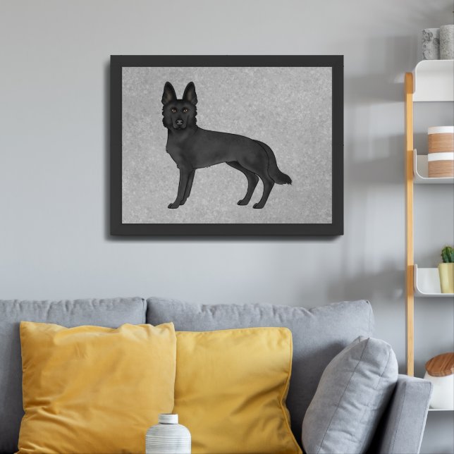 Black German Shepherd Cartoon Dog Illustration Framed Art (Living Room 3)