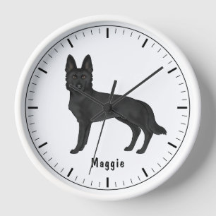 Black German Shepherd Cartoon Dog With Custom Text Clock