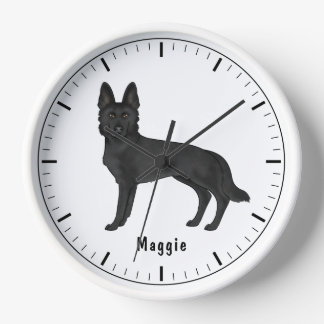 Black German Shepherd Cartoon Dog With Custom Text Clock