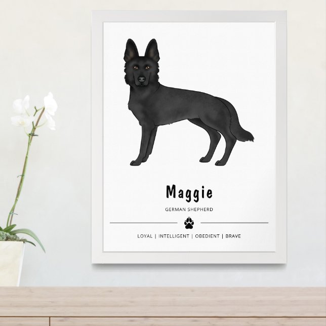 Black German Shepherd Cartoon Dog With Custom Text Framed Art (Entryway)