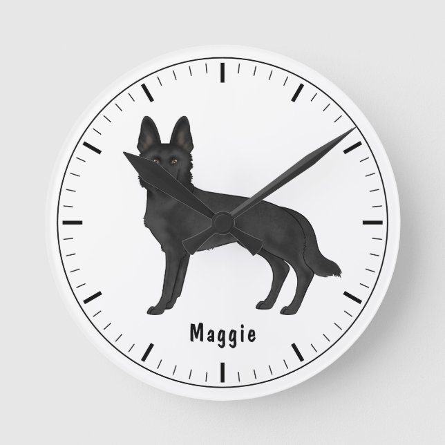 Black German Shepherd Cartoon Dog With Custom Text Round Clock (Front)