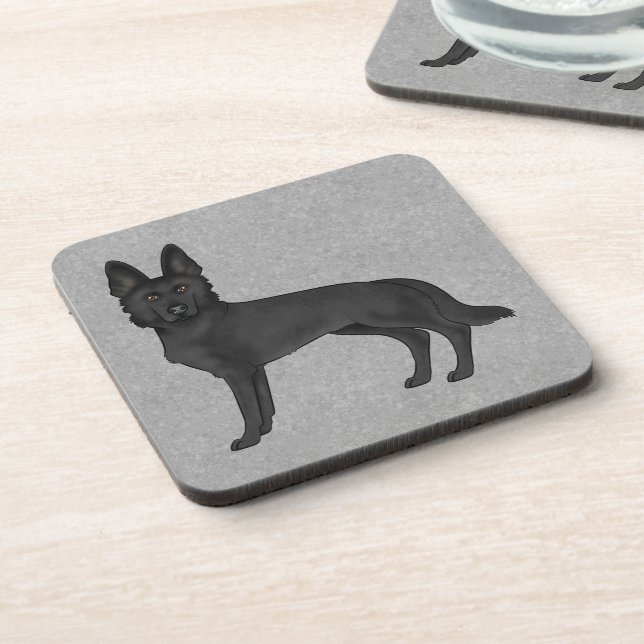 Black German Shepherd Cartoon GSD Dog Gray Beverage Coaster (Left Side)