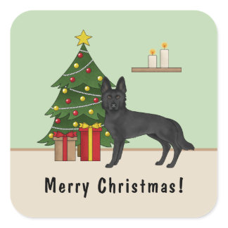 Black German Shepherd Christmas Tree Custom Text Square Sticker
