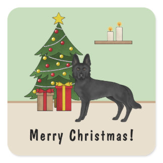 Black German Shepherd Christmas Tree Custom Text Square Sticker