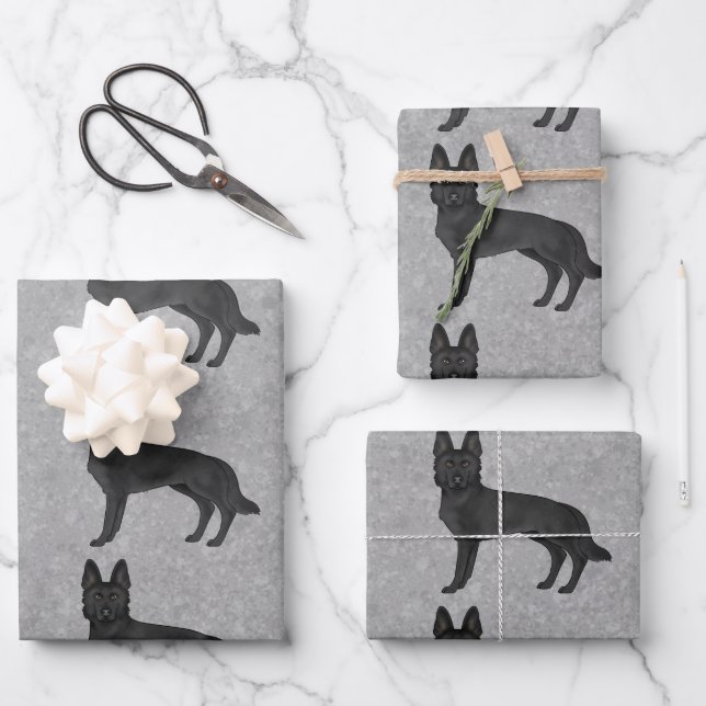 Black German Shepherd Cute Cartoon Dog Design Wrapping Paper Sheets (Front)
