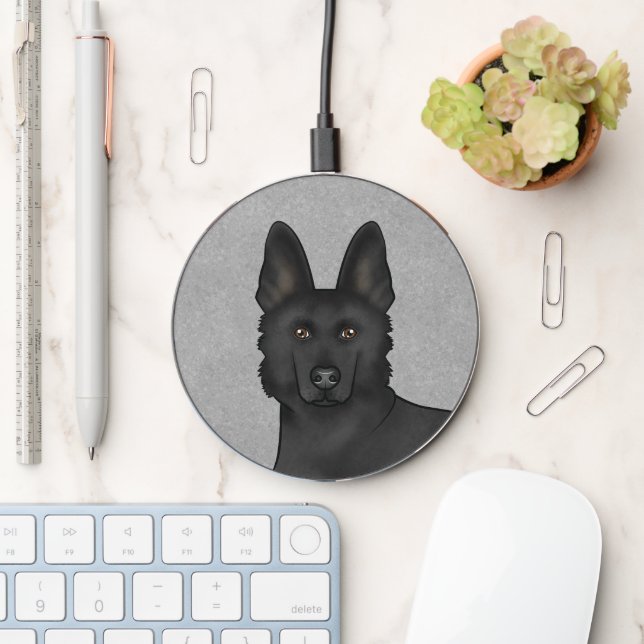 Black German Shepherd Cute Cartoon Dog Head Gray Wireless Charger (Desk)