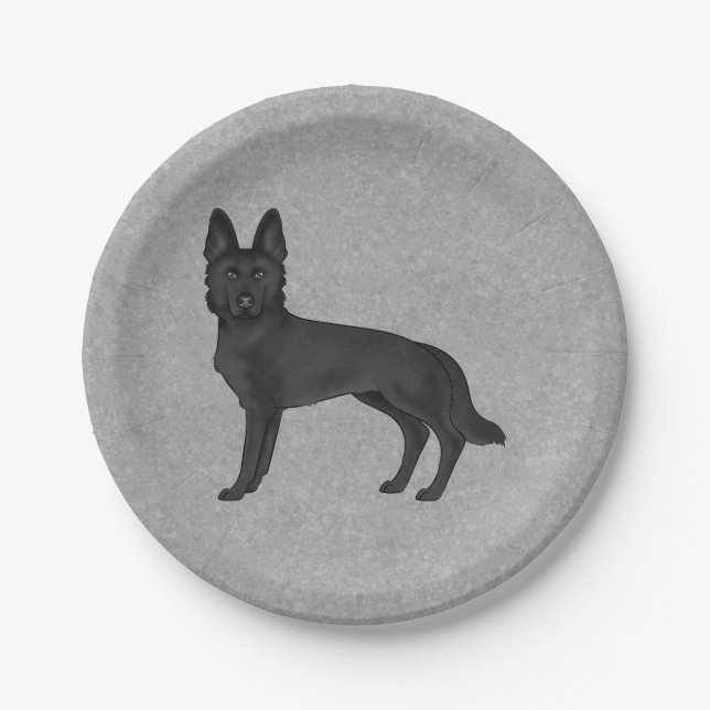 Black German Shepherd Cute Cartoon GSD Dog Gray Paper Plates (Front)