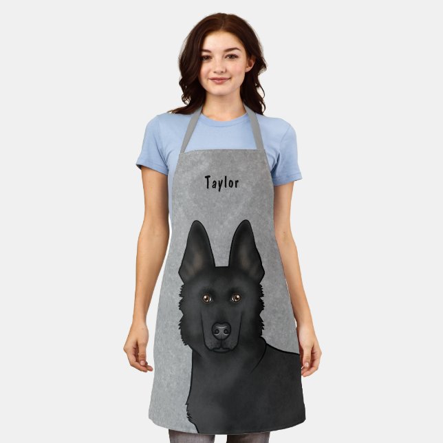 Black German Shepherd Cute Dog Head And Name Gray Apron (Worn)