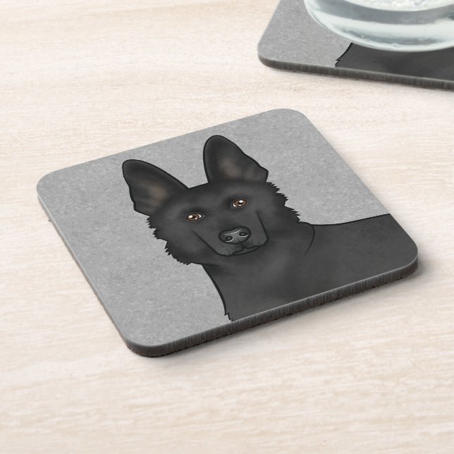 Black German Shepherd Cute Dog Head Close-Up Gray Beverage Coaster (Left Side)