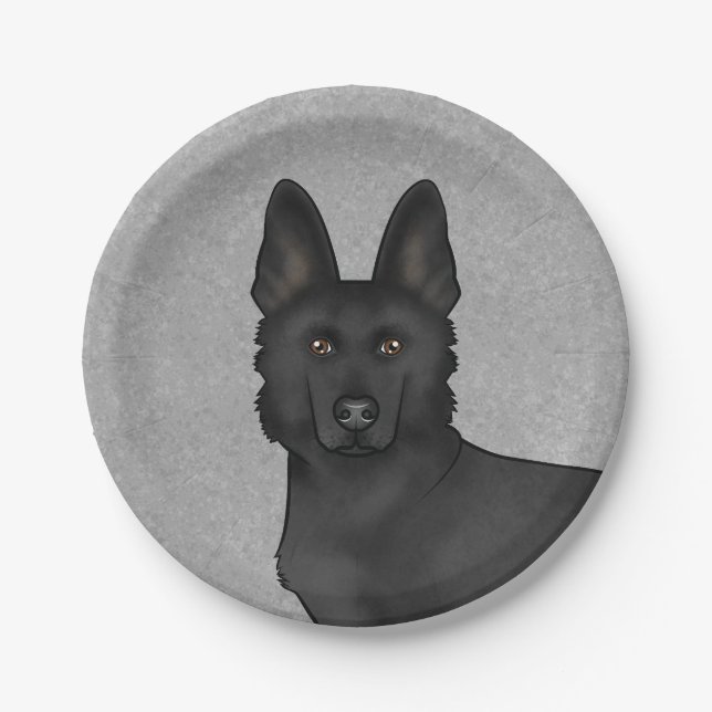 Black German Shepherd Cute Dog Head Close-Up Gray Paper Plates (Front)