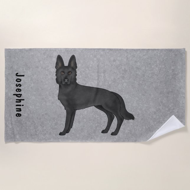 Black German Shepherd Cute Dog With Custom Name Beach Towel (Front)