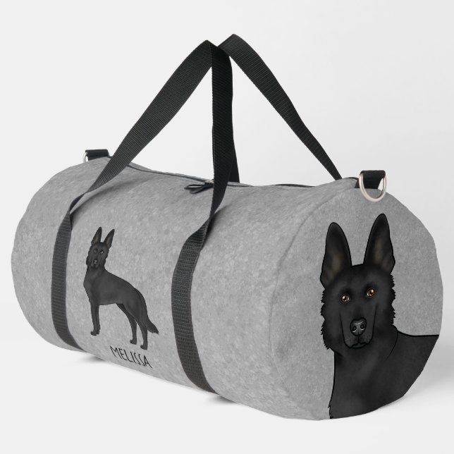 Black German Shepherd Dog And Custom Name Gray Duffle Bag (Left Corner)