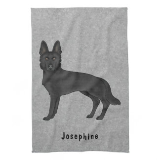 Black German Shepherd Dog And Custom Name Gray Kitchen Towel