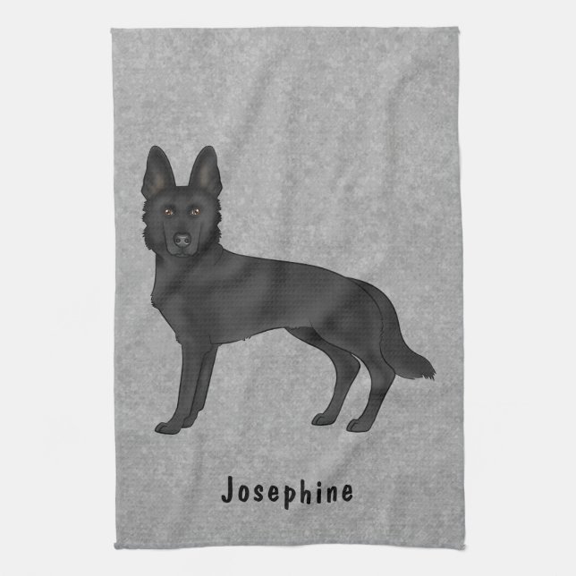 Black German Shepherd Dog And Custom Name Gray Kitchen Towel (Vertical)