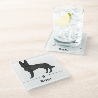 Black German Shepherd Dog And Paw With Custom Name Glass Coaster
