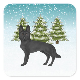 Black German Shepherd Dog Blue Green Winter Forest Square Sticker