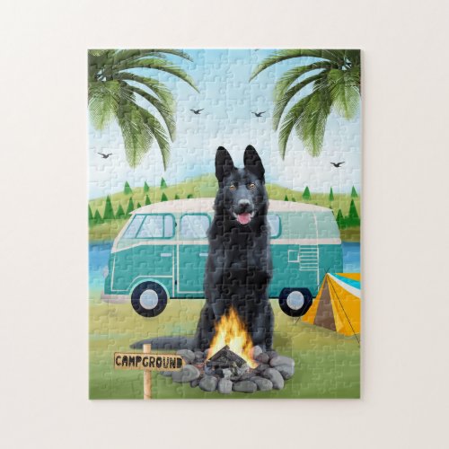 Black German Shepherd Dog Camping Jigsaw Puzzle