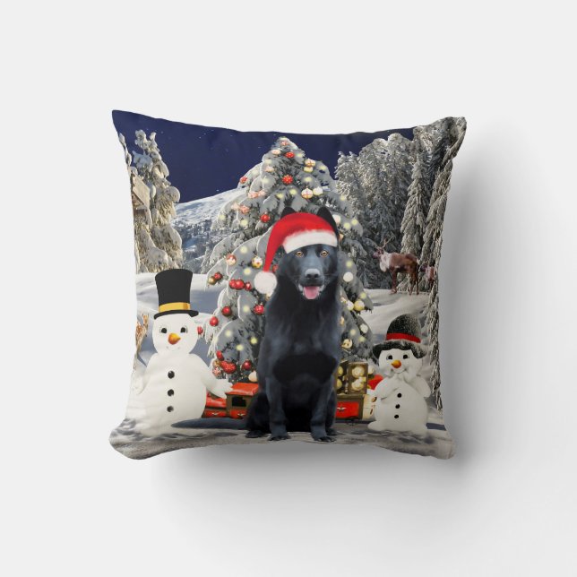 Black German Shepherd Dog Christmas Hat Lights Throw Pillow (Front)