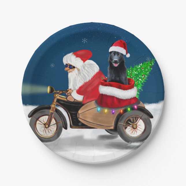 Black German Shepherd Dog Christmas Santa Claus   Paper Plates (Front)