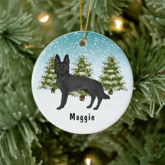 Black German Shepherd Dog Christmas Winter Forest Ceramic Ornament