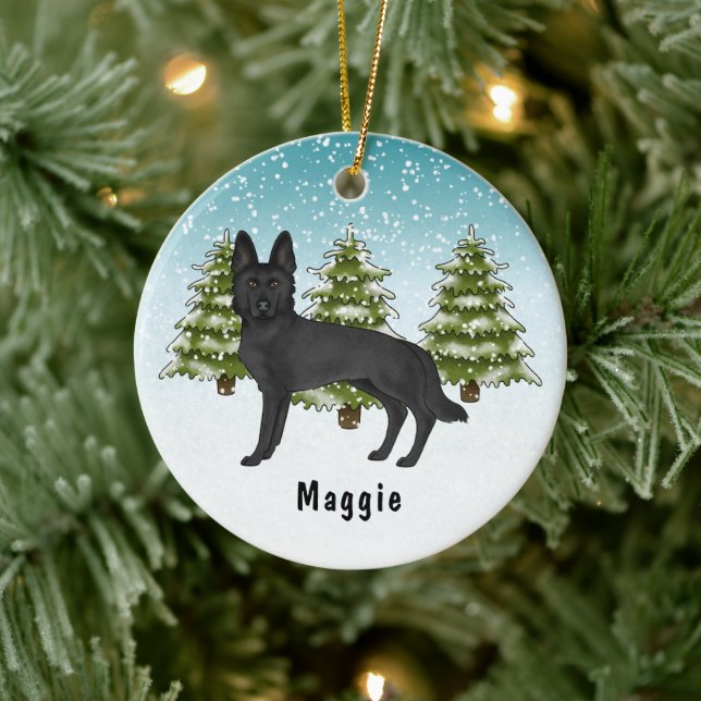 Black German Shepherd Dog Christmas Winter Forest Ceramic Ornament (Tree)