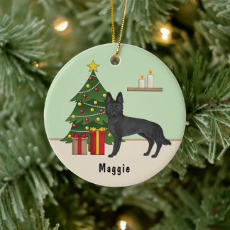 Black German Shepherd Dog Festive Christmas Tree Ceramic Ornament